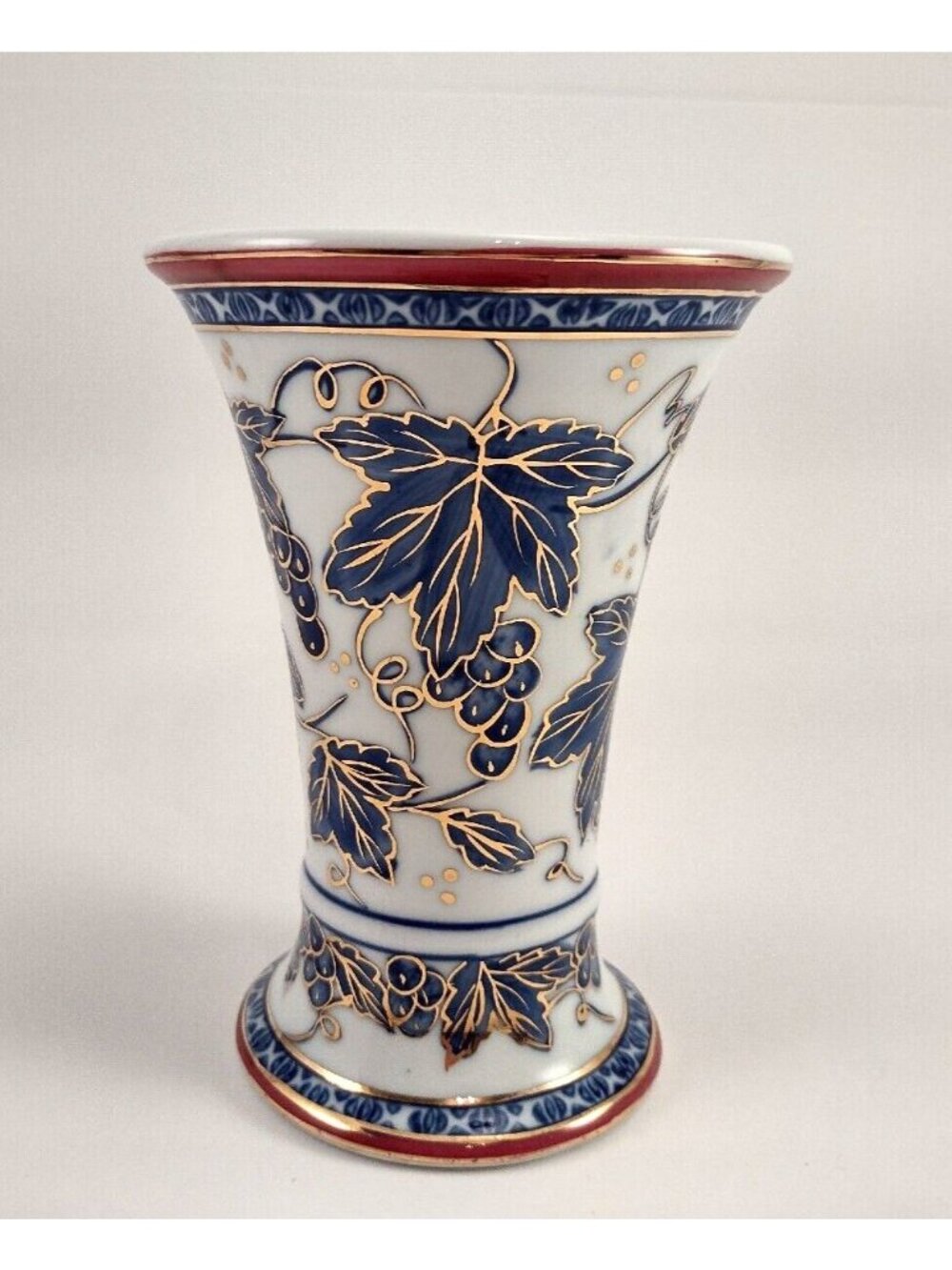 Presentii Vase Italy Style Blue Gold White Grape Vine Natural Decor 6" Tall